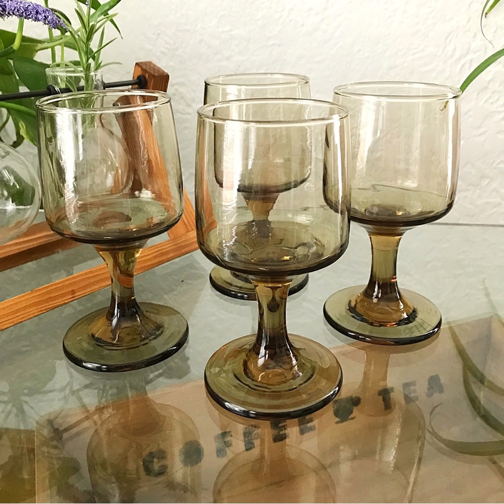 Vintage 70s MCM Libbey Glass Tawny Accent Smoky Brown Water Wine Goblets Set 4